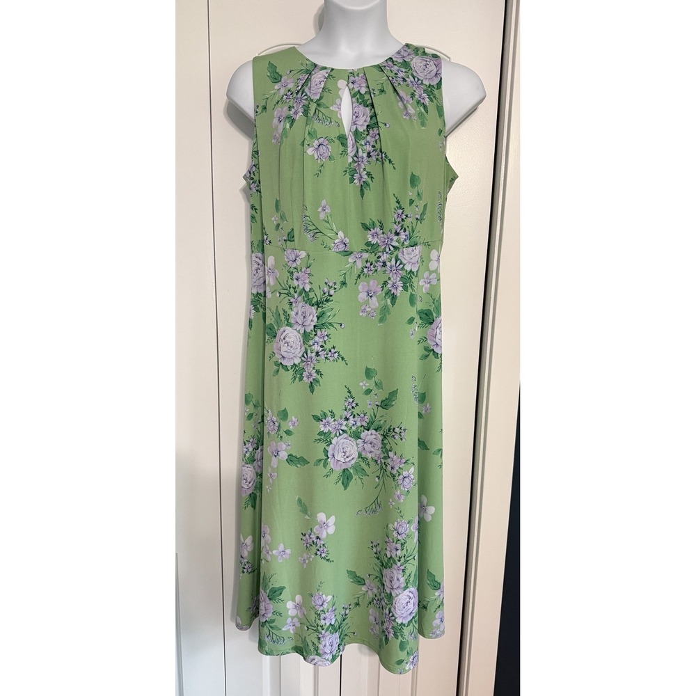 London Times Lavender and Green Floral Midi Sleeveless Dress Size 14w